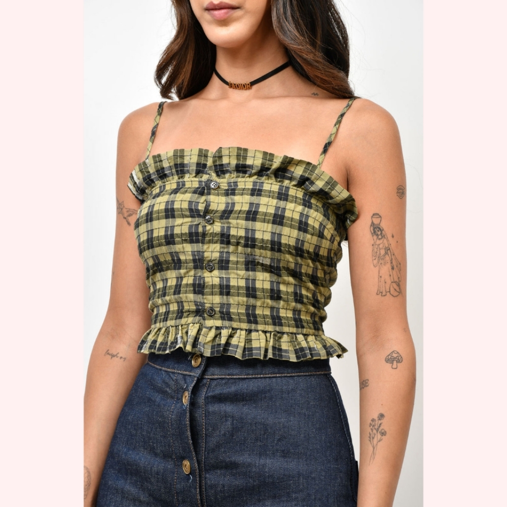 Ganni Plaid Crop Top in Yellow and Black